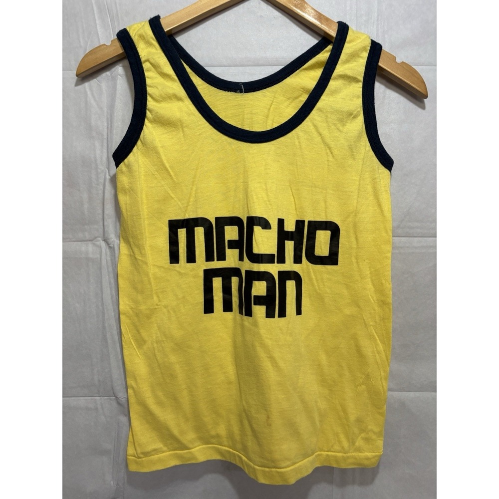 Vintage Yellow Tank Top with Black Trim and 'Macho Man' Graphic